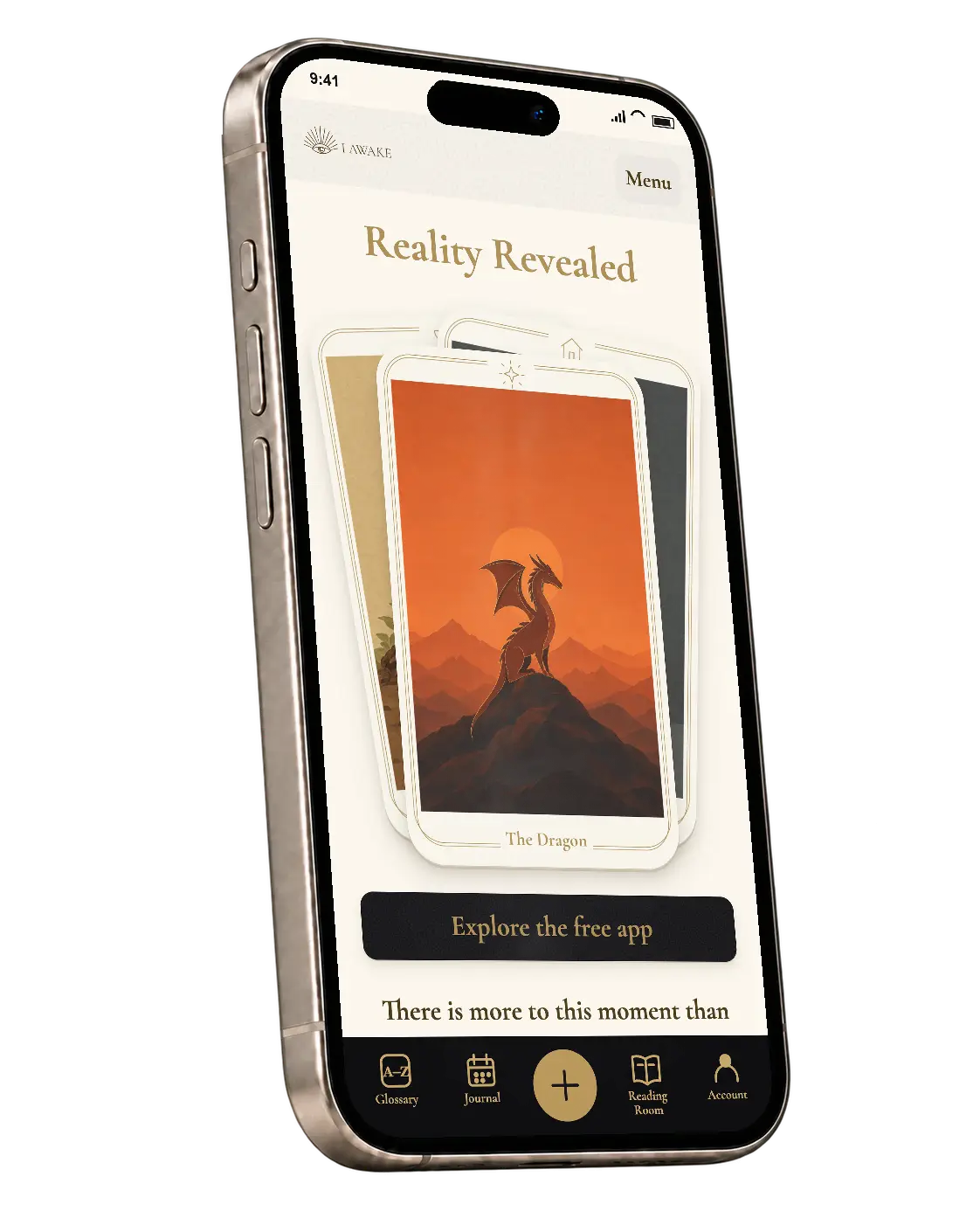 Reality Revealed app shown on an iPhone 16 Pro with illustrated cards and The Dragon card.
