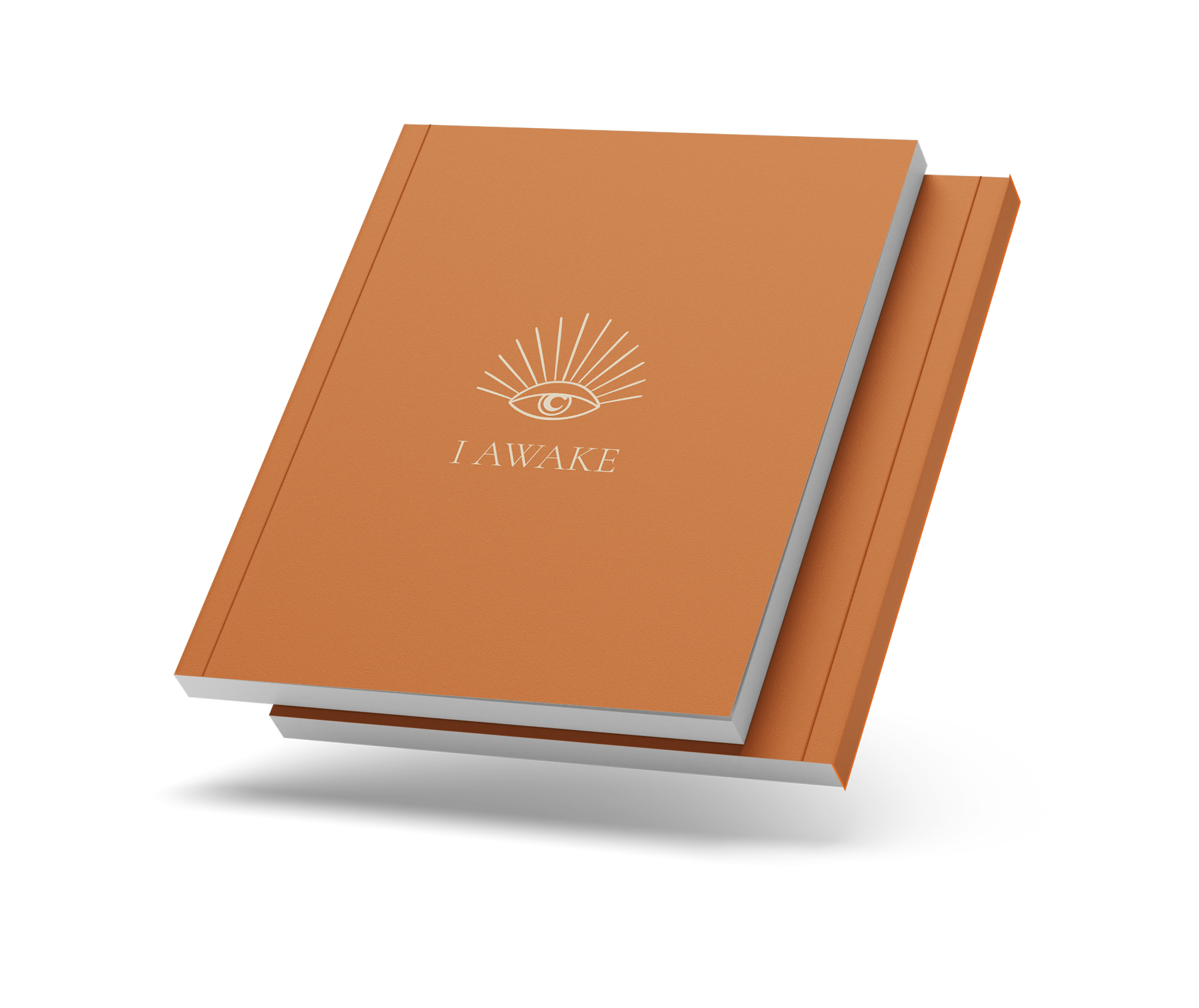 Closed I AWAKE journal with the eye cover and a thin coloured spine, on a transparent background.