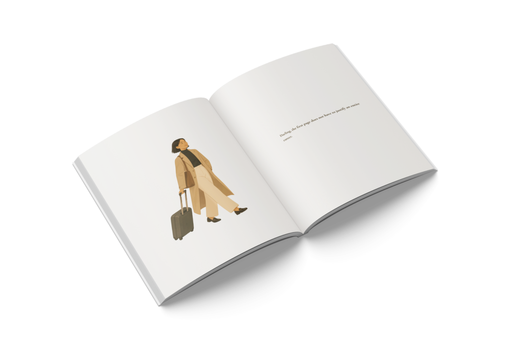 Open spread of the CHJ-01 journal, showing a colour illustration opposite a text snippet.