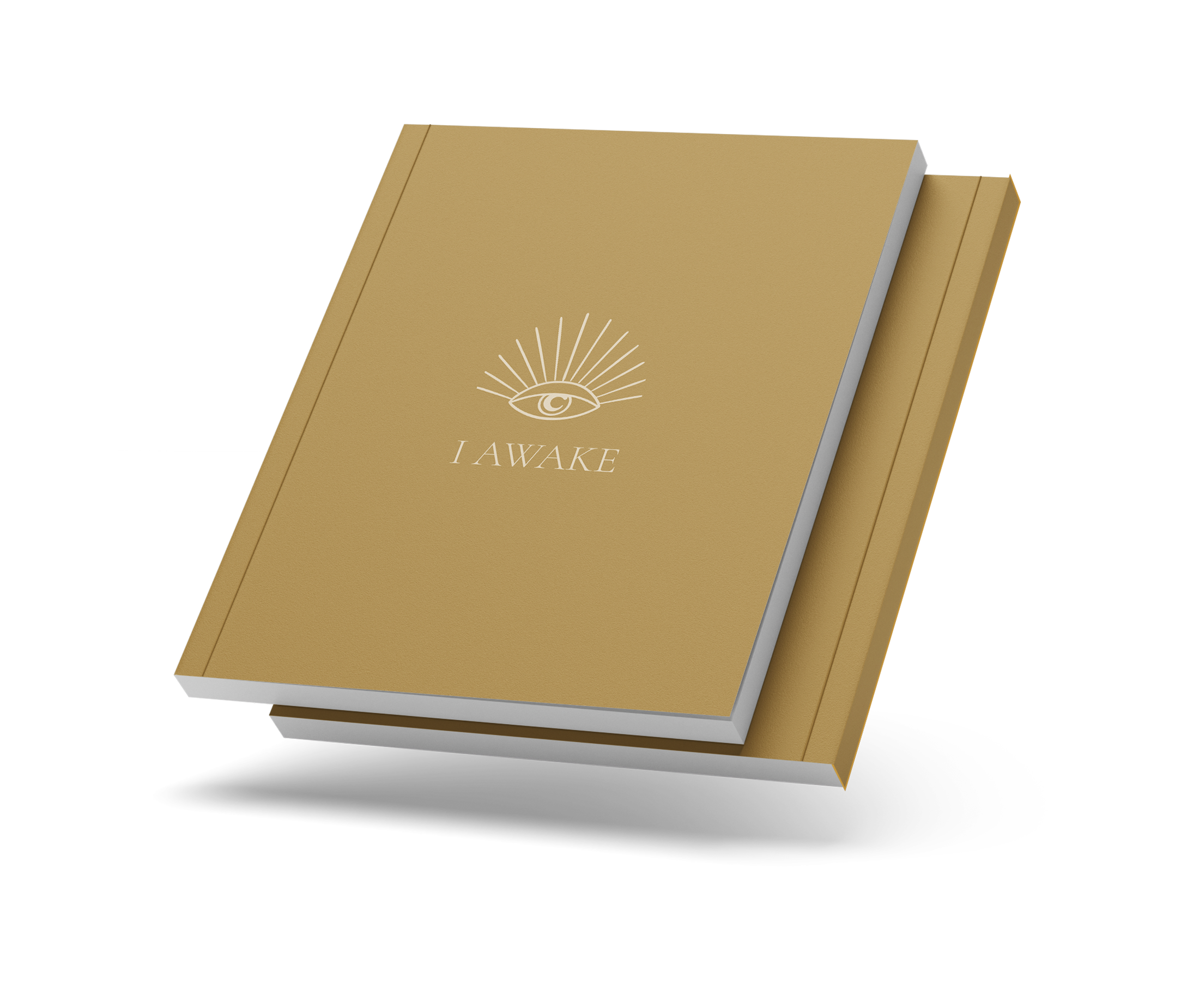 Closed I AWAKE journal with the eye cover and a thin coloured spine, on a transparent background.