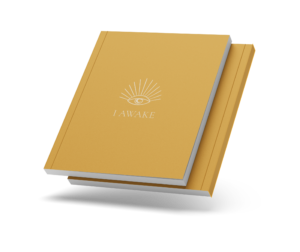 Closed I AWAKE journal with the eye cover and a thin coloured spine, on a transparent background.