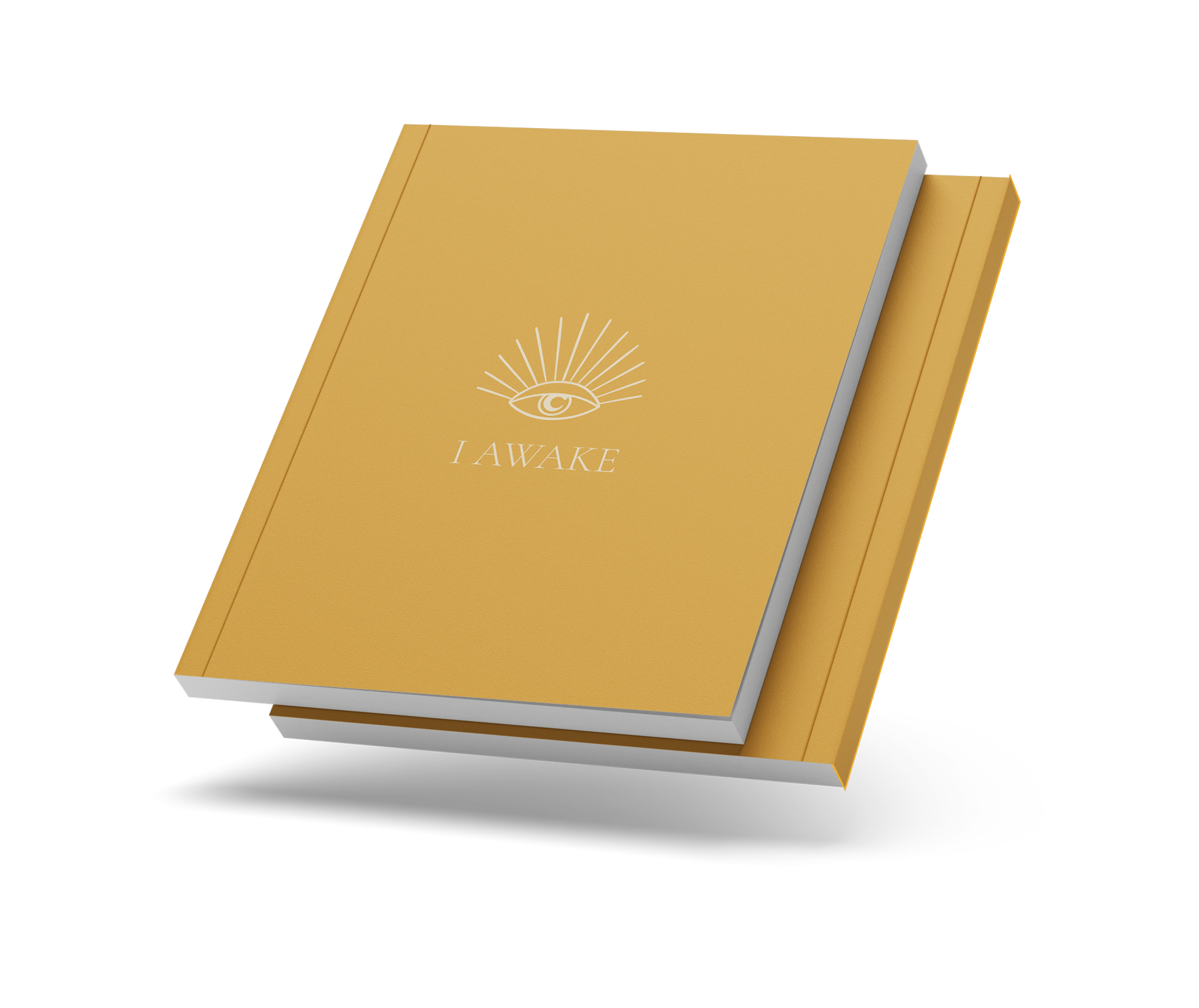 Closed I AWAKE journal with the eye cover and a thin coloured spine, on a transparent background.