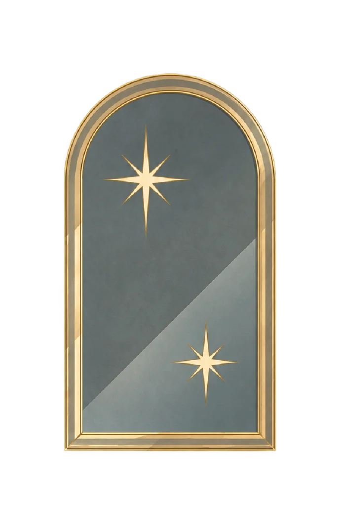 Gold-framed arched mirror with two gold stars