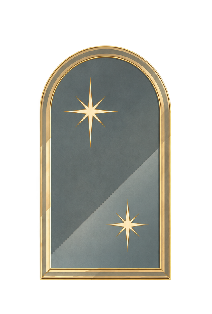 Gold-framed arched mirror with two gold stars