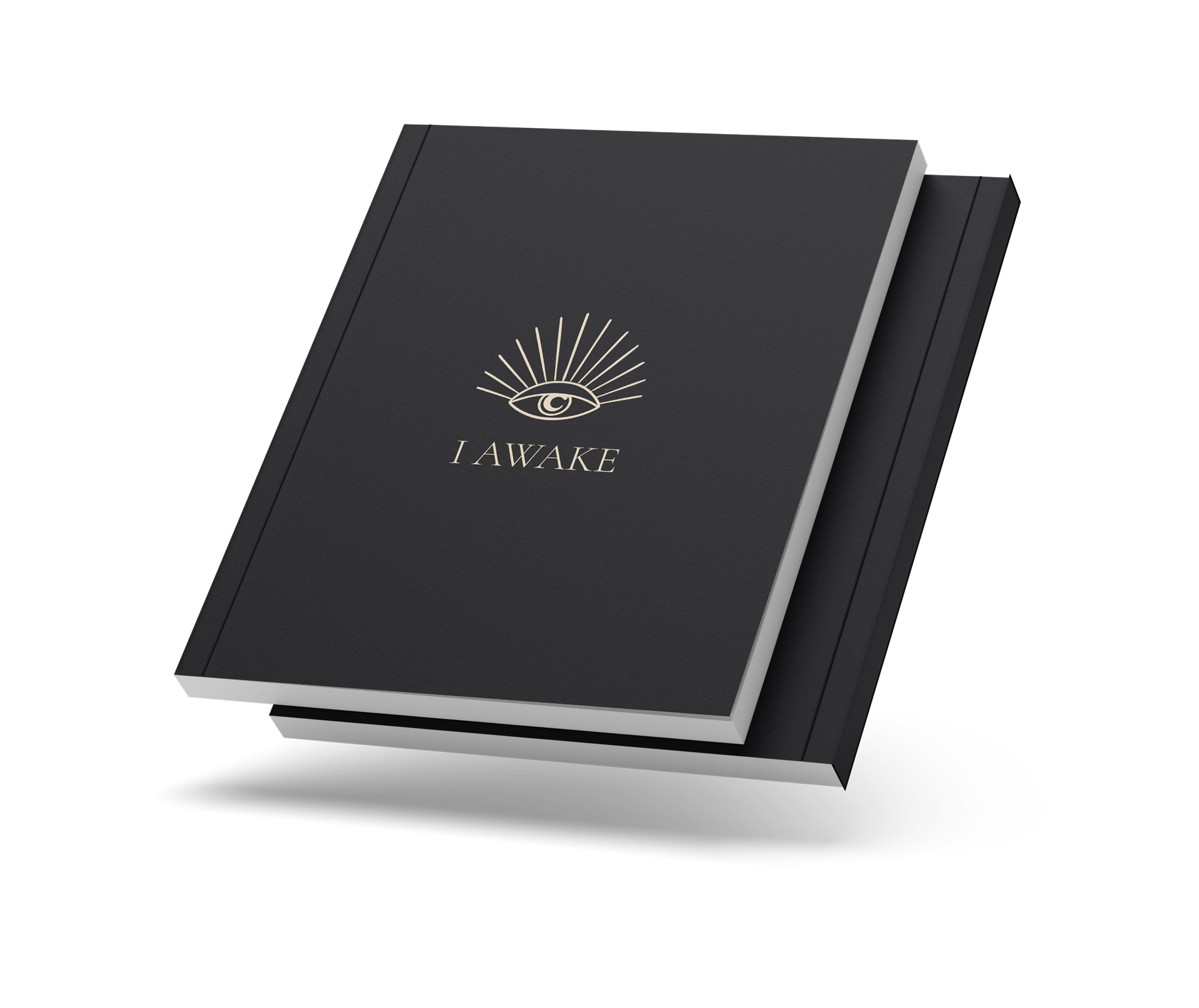 Closed I AWAKE journal with the eye cover and a thin coloured spine, on a transparent background.