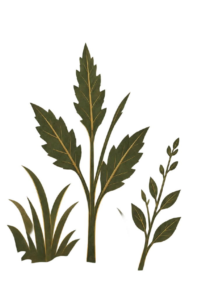 Olive-green leafy plants with gold veins