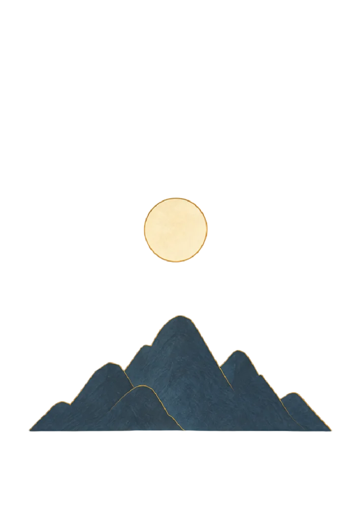 Pale gold moon above blue mountains