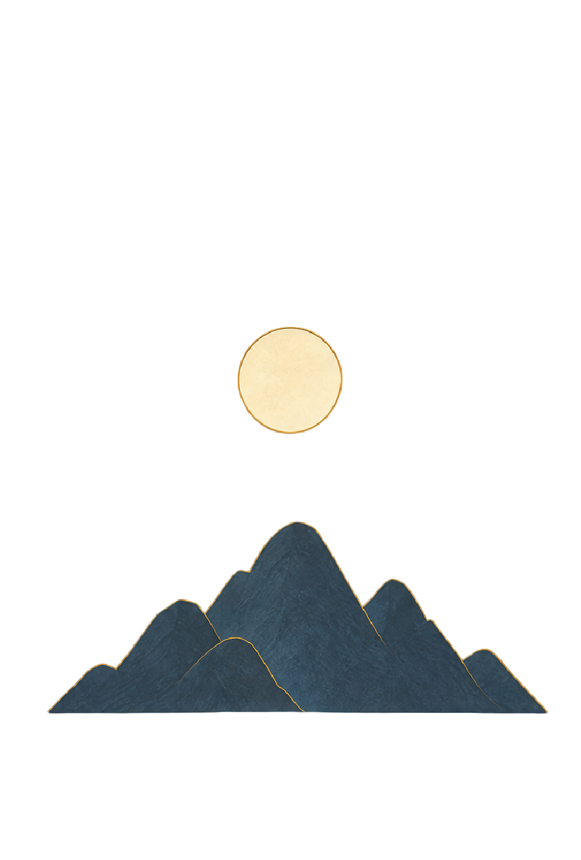 Pale gold moon above blue mountains