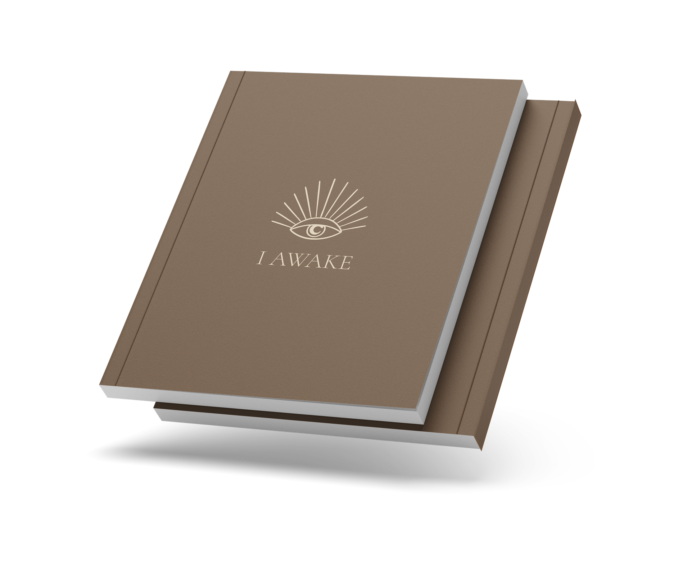 Closed I AWAKE journal with the eye cover and a thin coloured spine, on a transparent background.