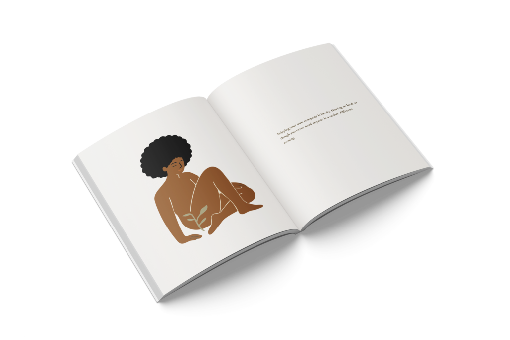 Open spread of the That's Not Me journal, showing a colour illustration opposite a text snippet.