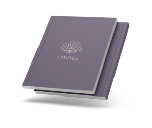 Closed I AWAKE journal with the eye cover and a thin coloured spine, on a transparent background.