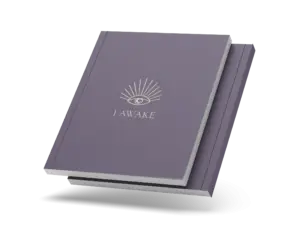 Closed I AWAKE journal with the eye cover and a thin coloured spine, on a transparent background.