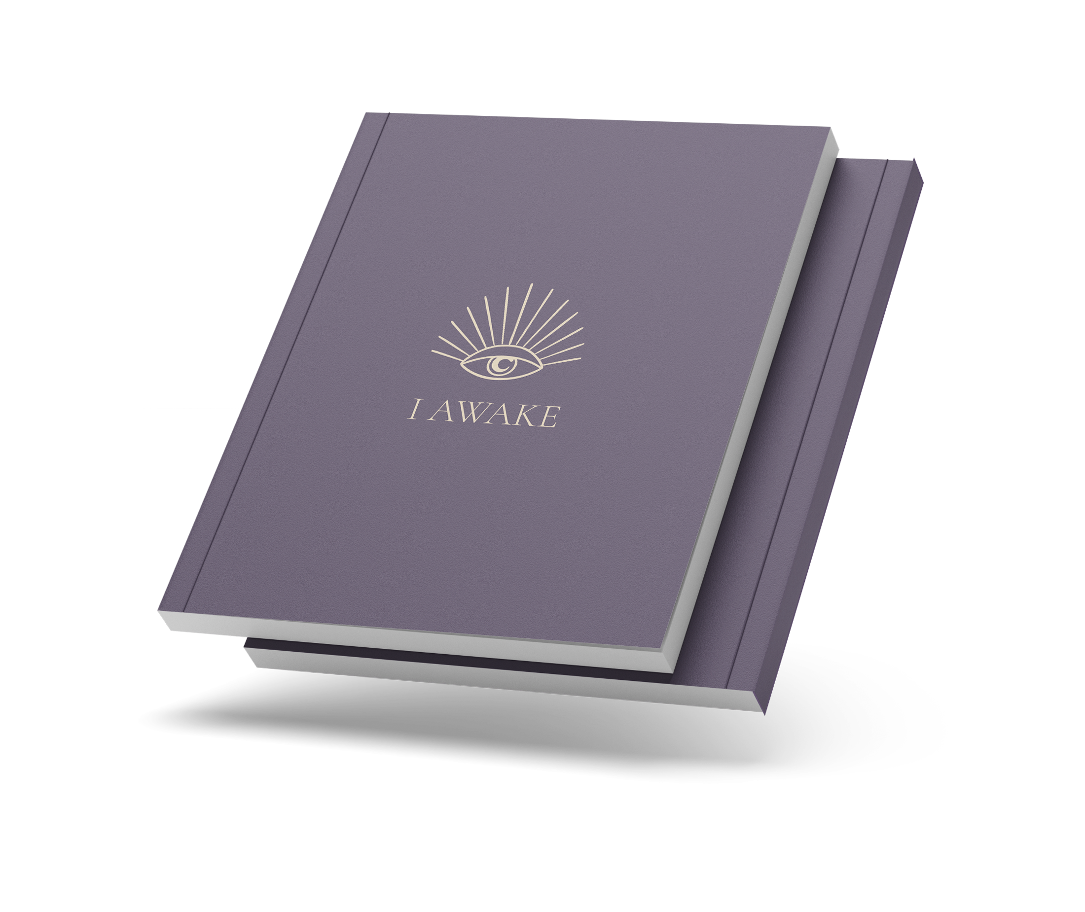 Closed I AWAKE journal with the eye cover and a thin coloured spine, on a transparent background.