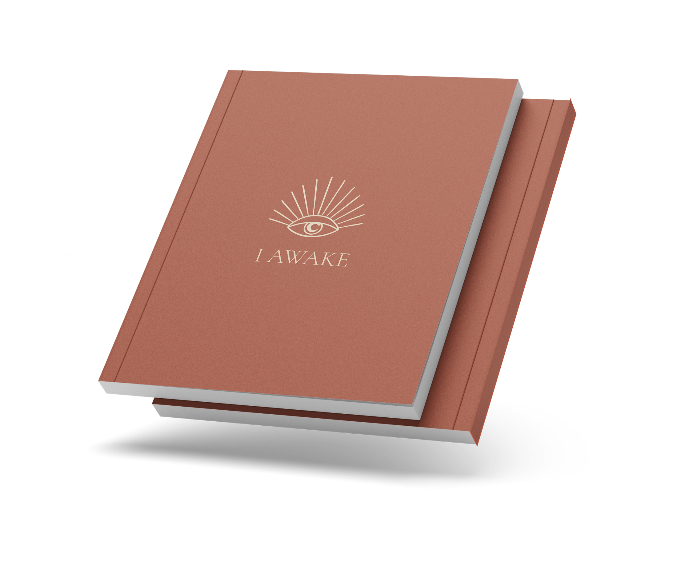 Closed I AWAKE journal with the eye cover and a thin coloured spine, on a transparent background.