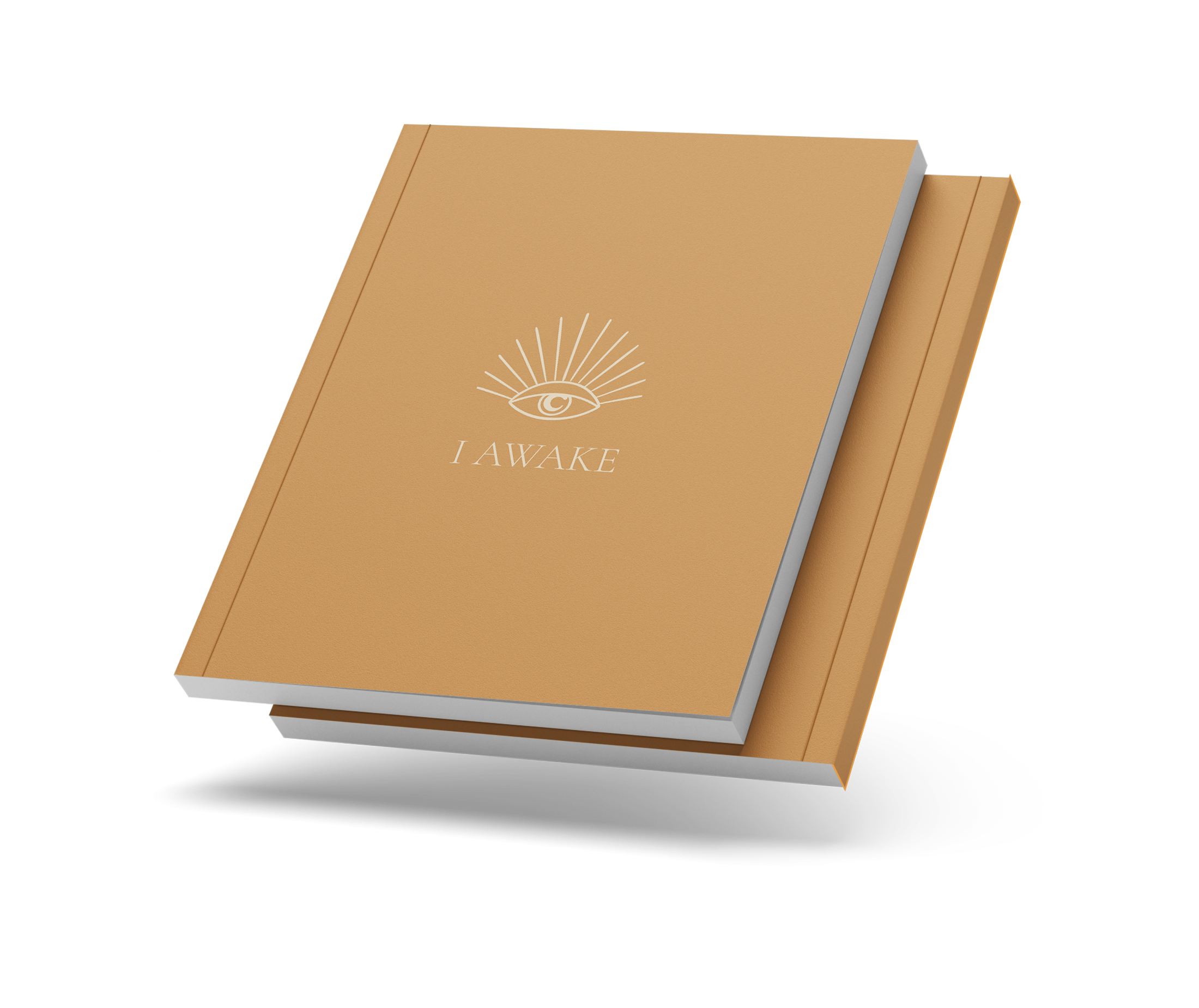 Closed I AWAKE journal with the eye cover and a thin coloured spine, on a transparent background.