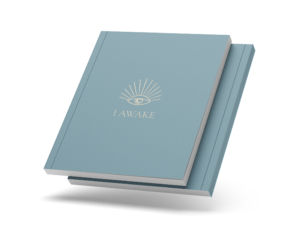 Closed I AWAKE journal with the eye cover and a thin coloured spine, on a transparent background.