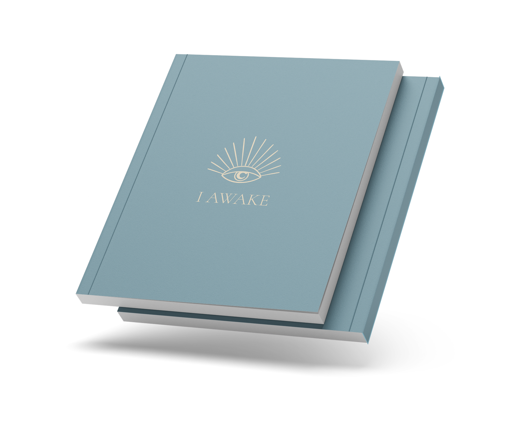 Closed I AWAKE journal with the eye cover and a thin coloured spine, on a transparent background.