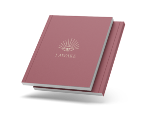 Closed I AWAKE journal with the eye cover and a thin coloured spine, on a transparent background.