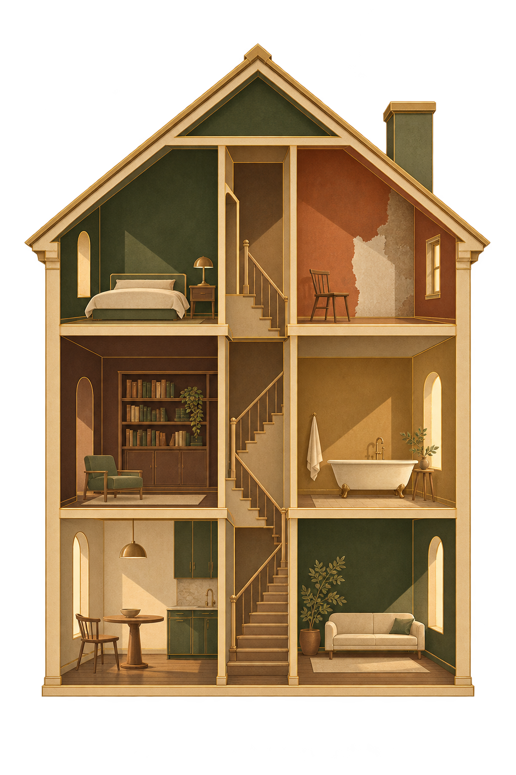 A small cutaway house with open rooms, in the Reality Revealed illustration style